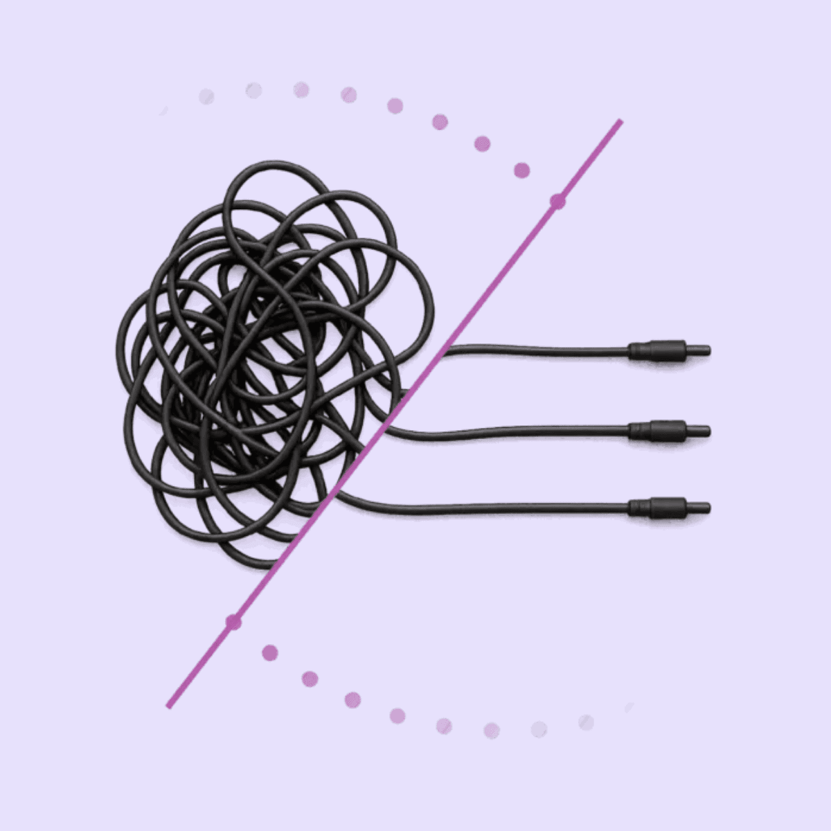 A tangle of cables resolving into three clean, connected lines, showing complexity simplified into one connected system.