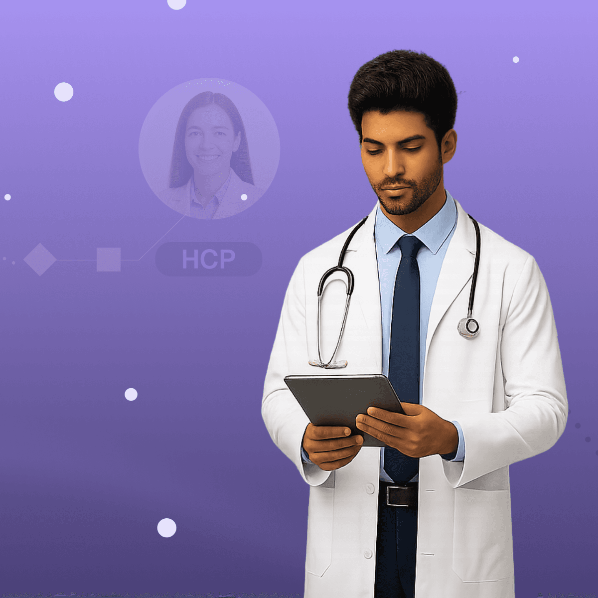 A physician reviewing a tablet with a connected HCP profile node, representing one-to-one engagement.